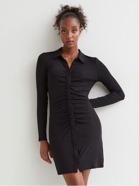 H&m Black Ruched Button-Down mini Dress